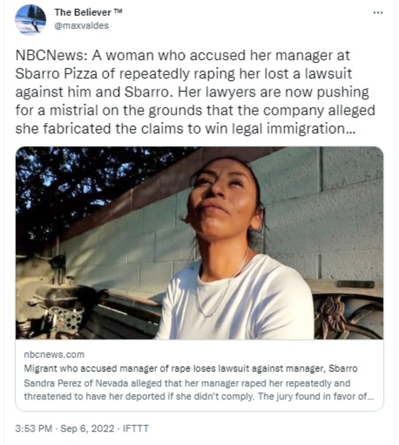 Sandra Pérez demanda dueño de pizzería