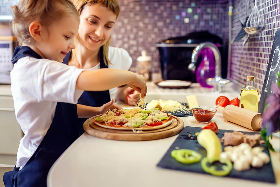 woman, daughter, making pizza, cooking, kitchen