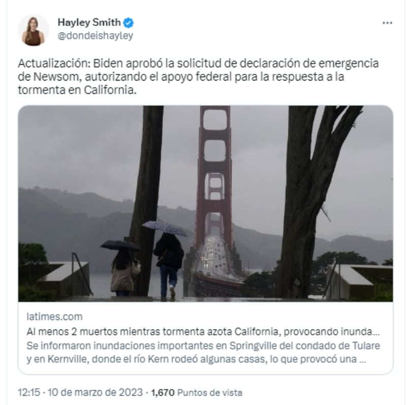 Declaran emergencia en California por tormenta