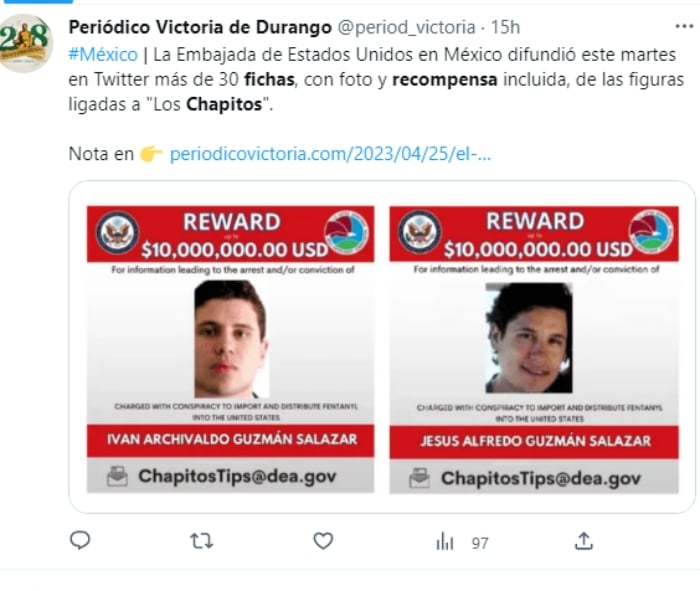 Ofrecen más recompensas en EEUU por Los Chapitos