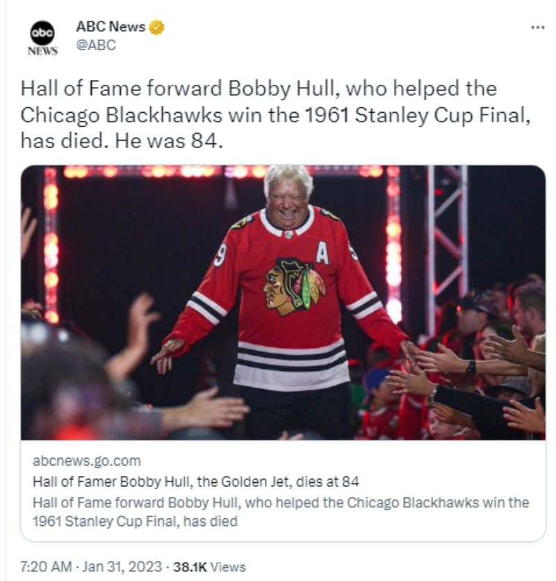 Muere la estrella de la NHL Bobby Hull