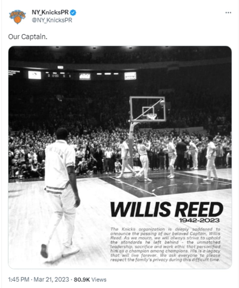 Basketball player Willis Reed dies: "We will strive to uphold the standards you left us"