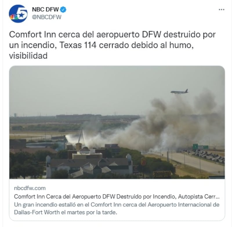 Incendio cerca del aeropuerto de Dallas Forth Worth