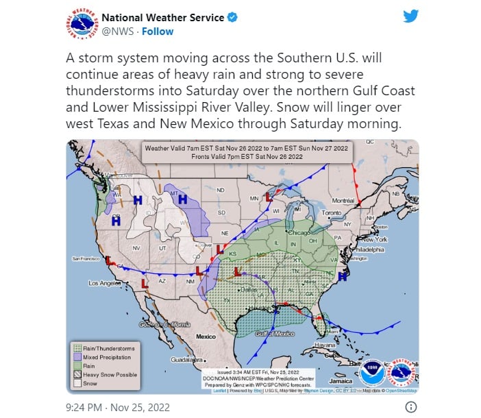Alerta por clima tormentoso al sur de EEUU este fin de semana