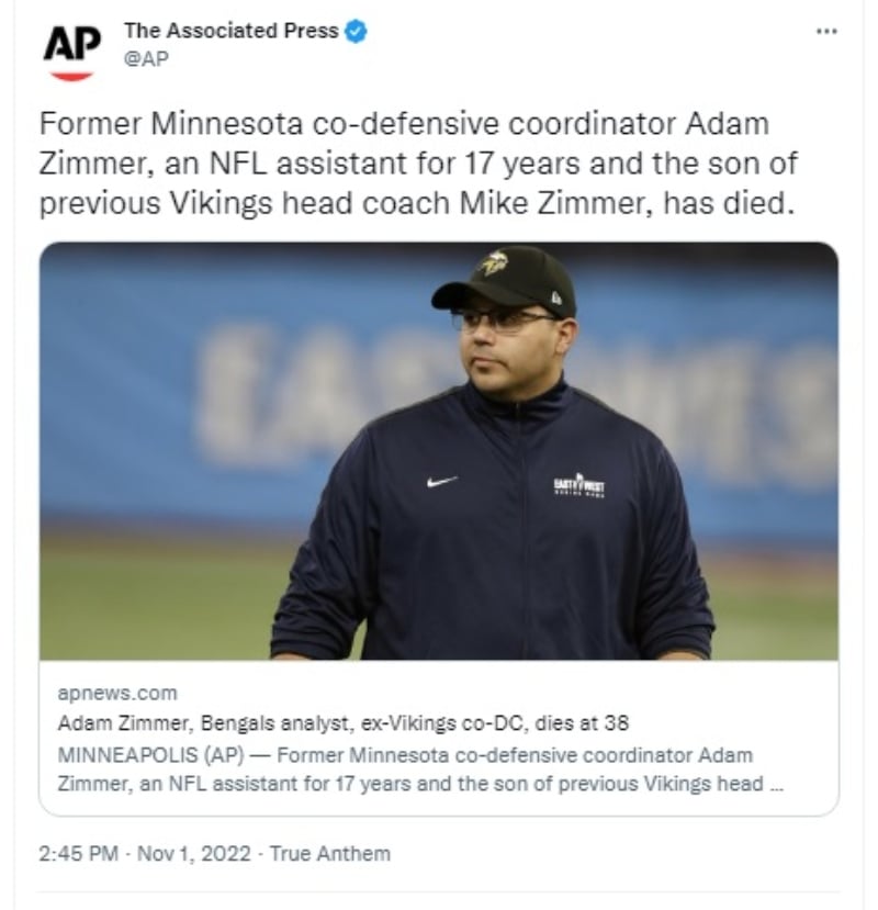 Adam Zimmer, son of coach Mike Zimmer, dies