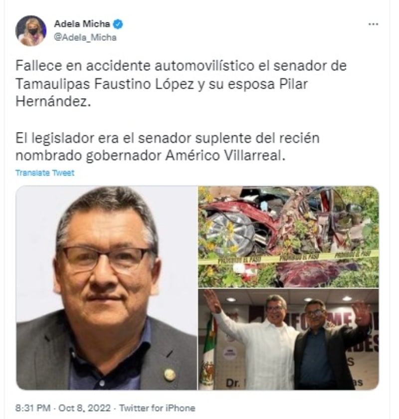Muere senador Faustino López: Se esposa pierde la vida en el accidente