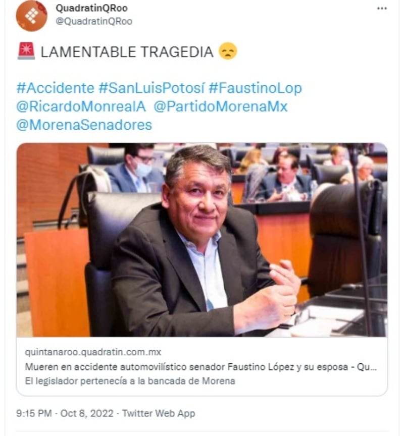 Muere el senador de Morena, Faustino López