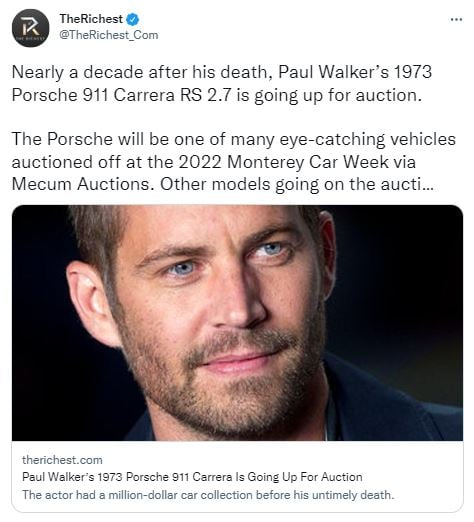 Saldrá a subasta un clásico Porsche de Paul Walker