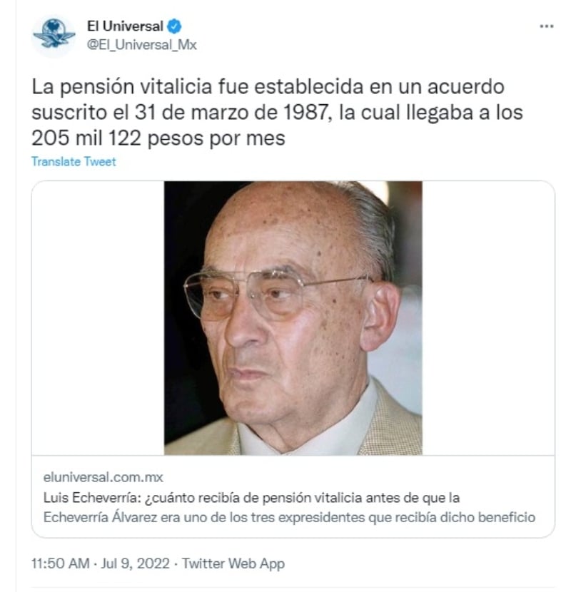 Dan a conocer cuánto recibía Luis Echeverría en su pensión vitalicia