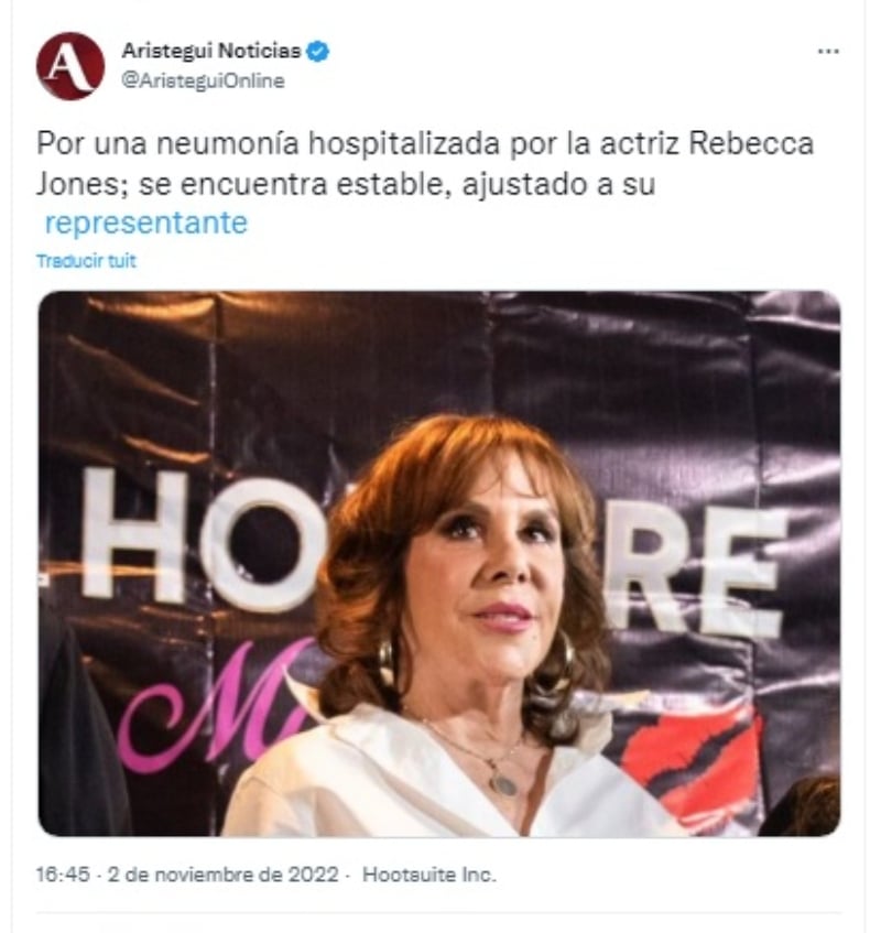Confirman que Rebecca Jones fue internada por neumonía