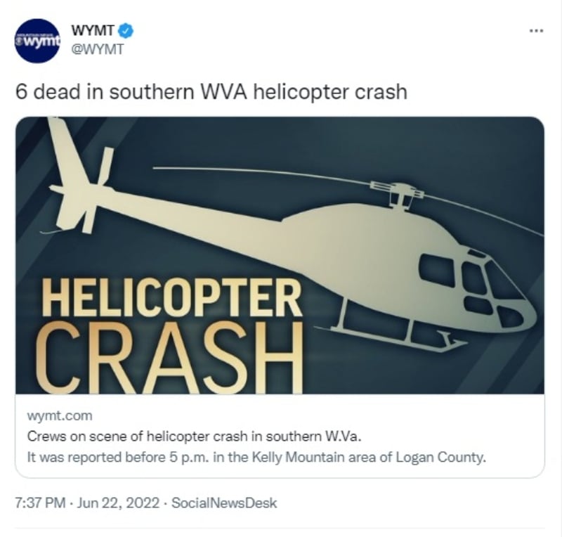 Helicóptero se estrella en Virginia