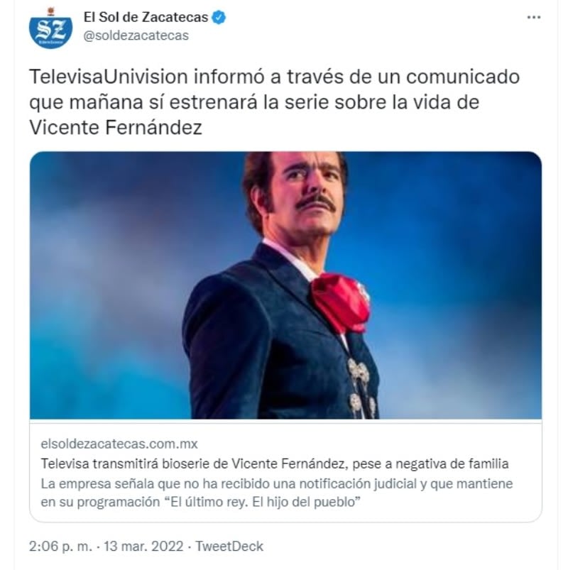 Televisa releases statement of the Vicente Fernández series