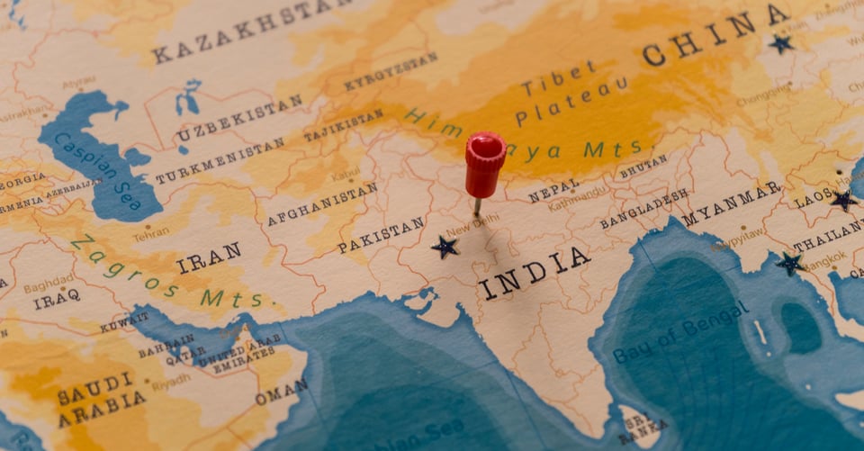 Mapa que señala con un alfiler al país India