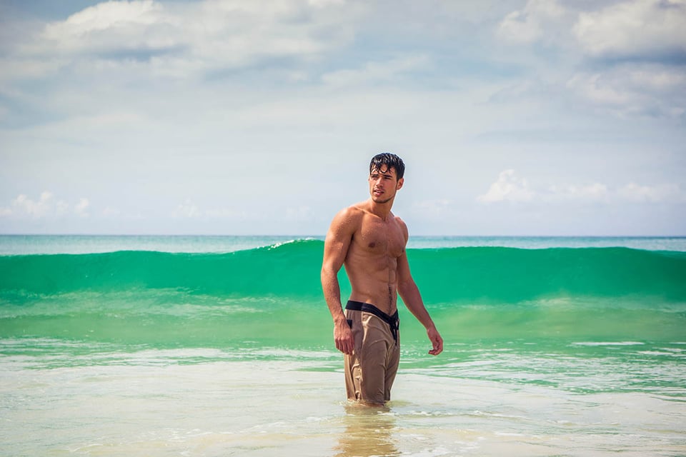 confident, man, swimsuit, bathing suit, beach