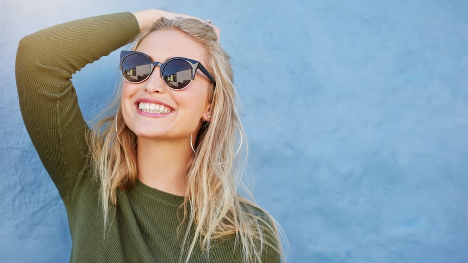 sunglasses, woman, happy, smile, green sweater