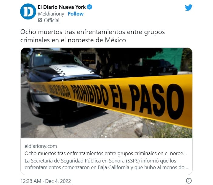 Tiroteos al norte de México dejan 8 muertos y al menos 12 heridos