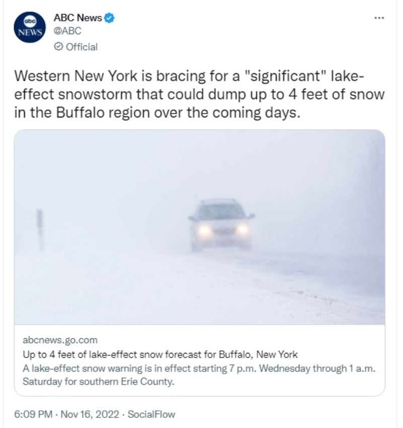 Fuerte tormenta de nieve azota Buffalo